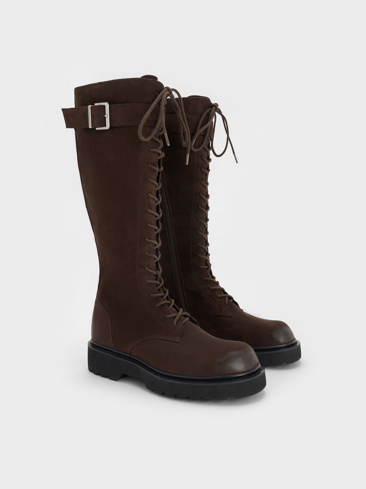 CHARLES & KEITH Essential / Darian Faux Suede Knee-High Boots - Dark Brown Textured