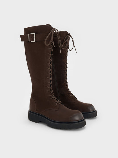 CHARLES & KEITH Essential / Darian Faux Suede Knee-High Boots - Dark Brown Textured