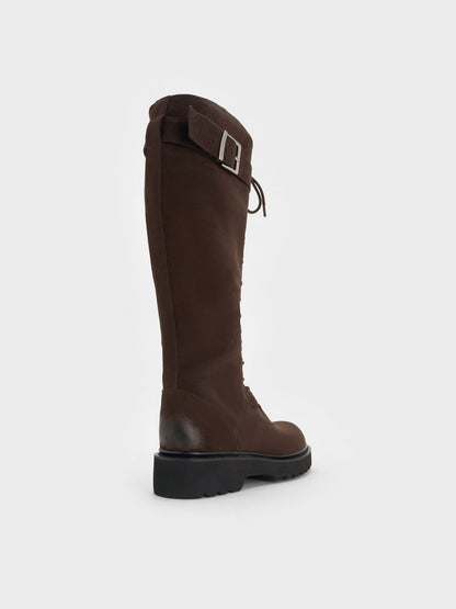 CHARLES & KEITH Essential / Darian Faux Suede Knee-High Boots - Dark Brown Textured