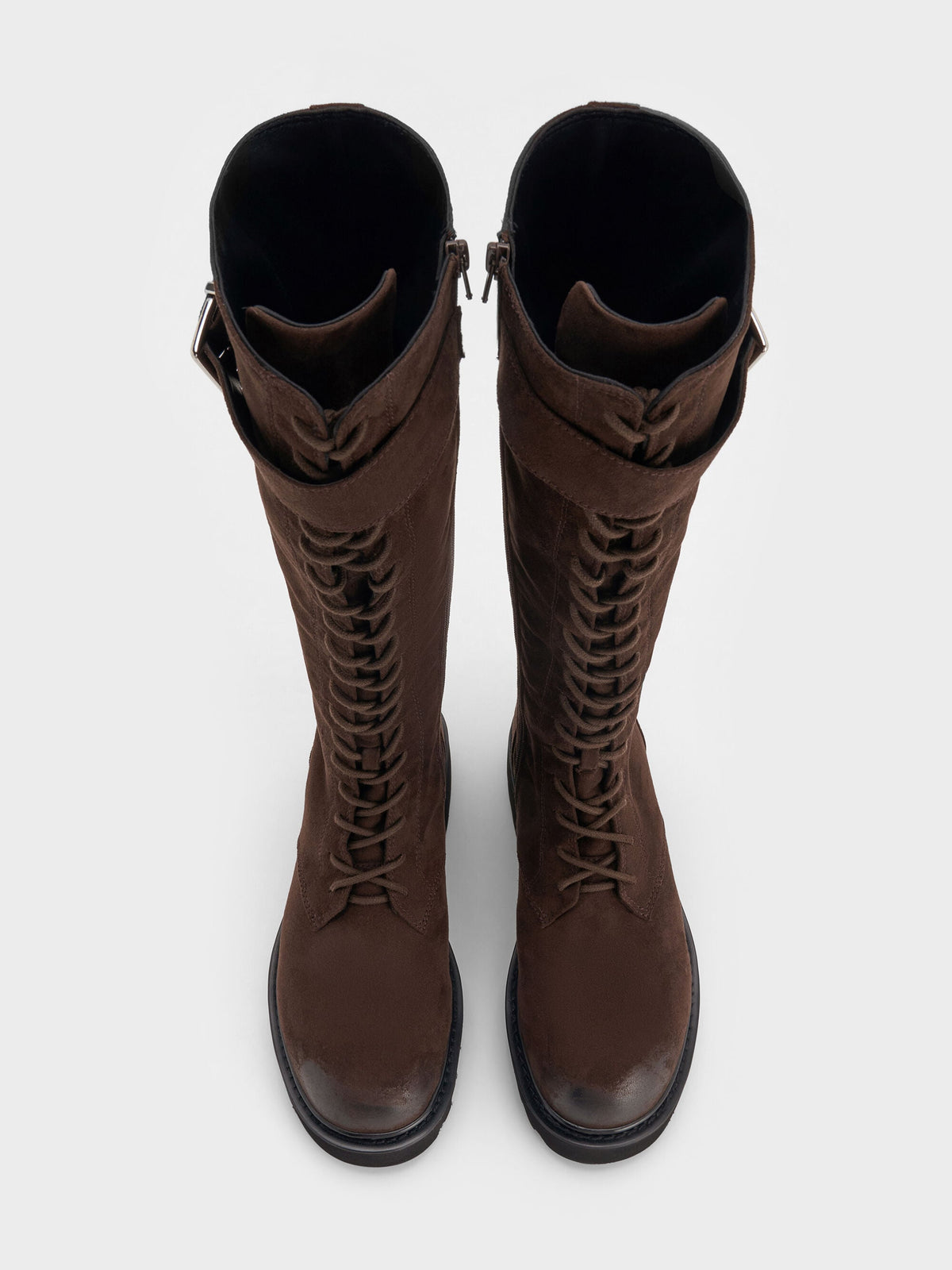 CHARLES & KEITH Essential / Darian Faux Suede Knee-High Boots - Dark Brown Textured