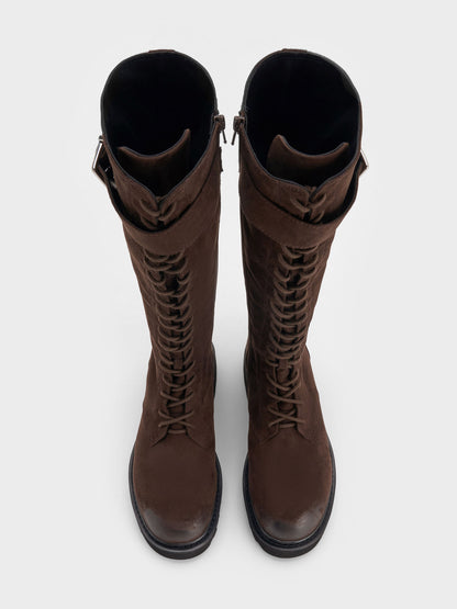CHARLES & KEITH Essential / Darian Faux Suede Knee-High Boots - Dark Brown Textured