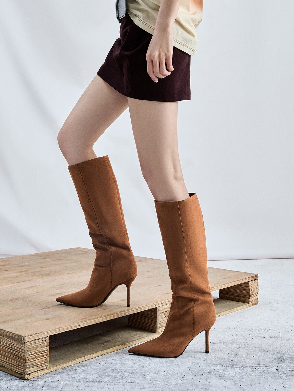 CHARLES & KEITH Customer Favorite / Faux Suede Pointed Stiletto Knee-High Boots - Cognac