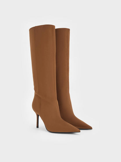 CHARLES & KEITH Customer Favorite / Faux Suede Pointed Stiletto Knee-High Boots - Cognac