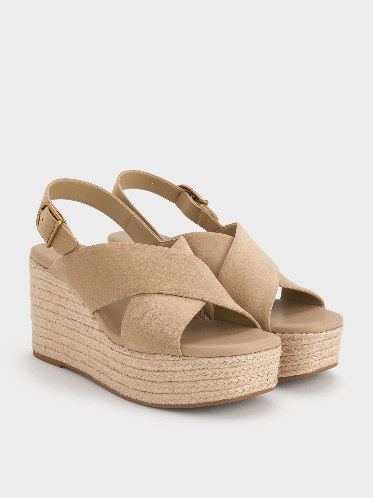 CHARLES & KEITH Exclusive / Faux Suede Crossover Espadrille Wedges - Sand