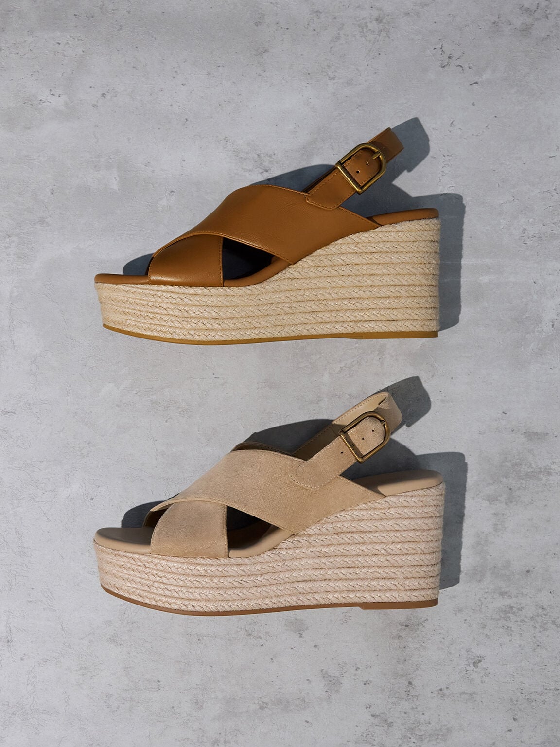 CHARLES & KEITH Exclusive / Faux Suede Crossover Espadrille Wedges - Sand