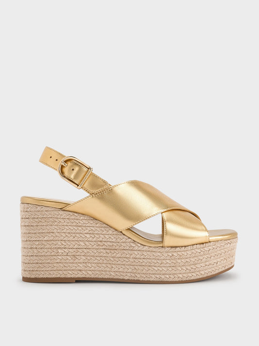 CHARLES & KEITH Exclusive / Metallic Crossover Espadrille Wedges - Gold