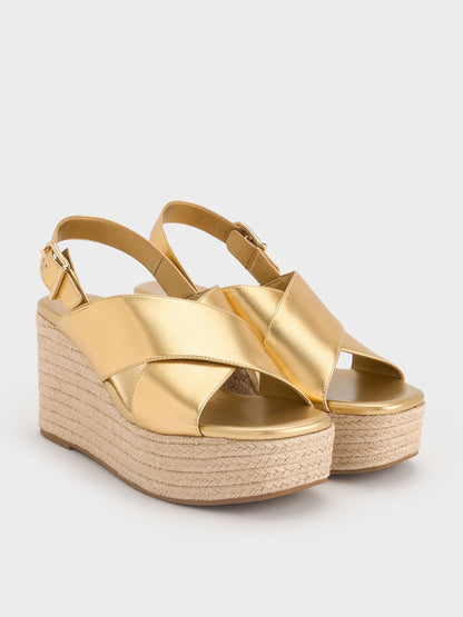 CHARLES & KEITH Exclusive / Metallic Crossover Espadrille Wedges - Gold