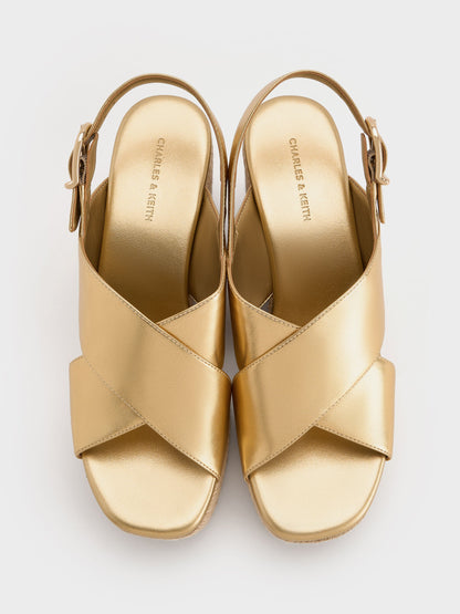 CHARLES & KEITH Exclusive / Metallic Crossover Espadrille Wedges - Gold