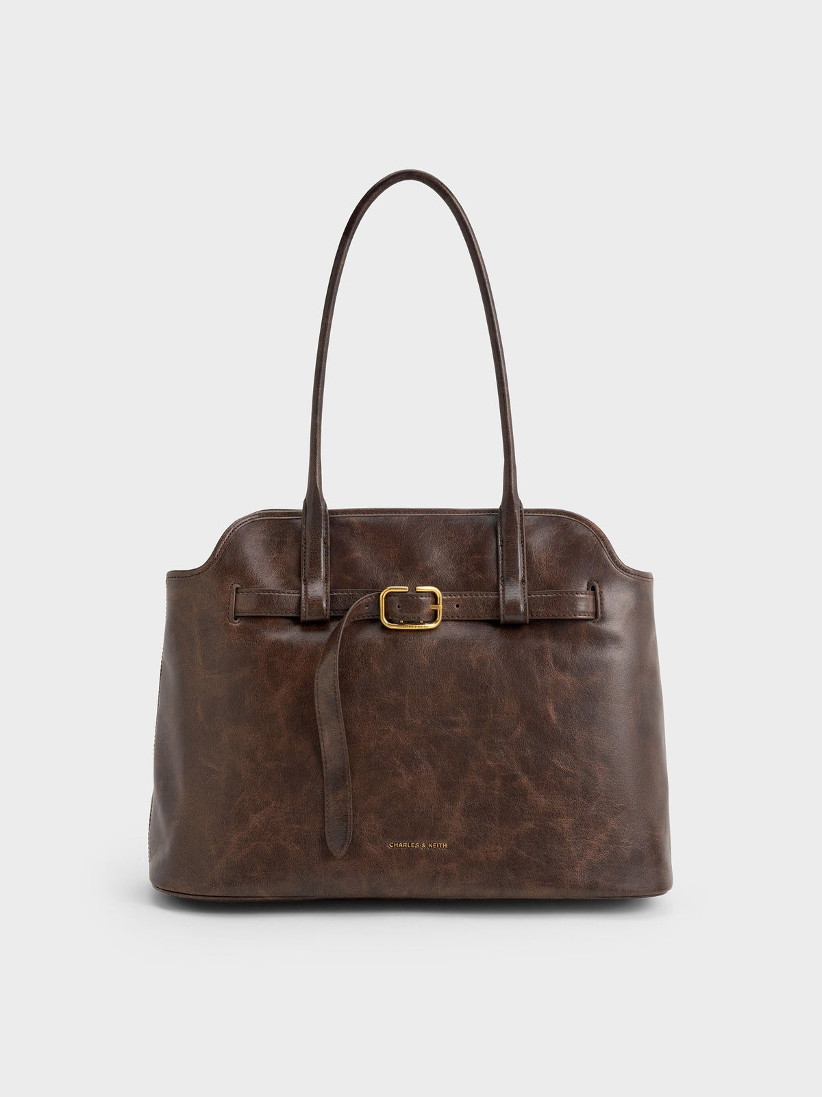 CHARLES & KEITH New / Victoria Belted Tote Bag - Distressed Coffee