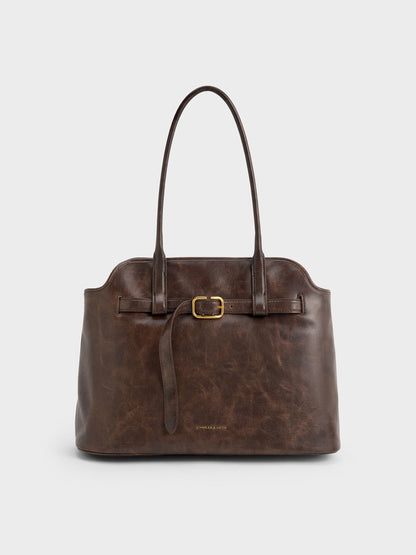 CHARLES & KEITH New / Victoria Belted Tote Bag - Distressed Coffee
