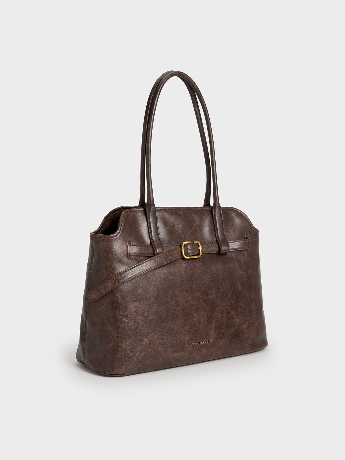 CHARLES & KEITH New / Victoria Belted Tote Bag - Distressed Coffee