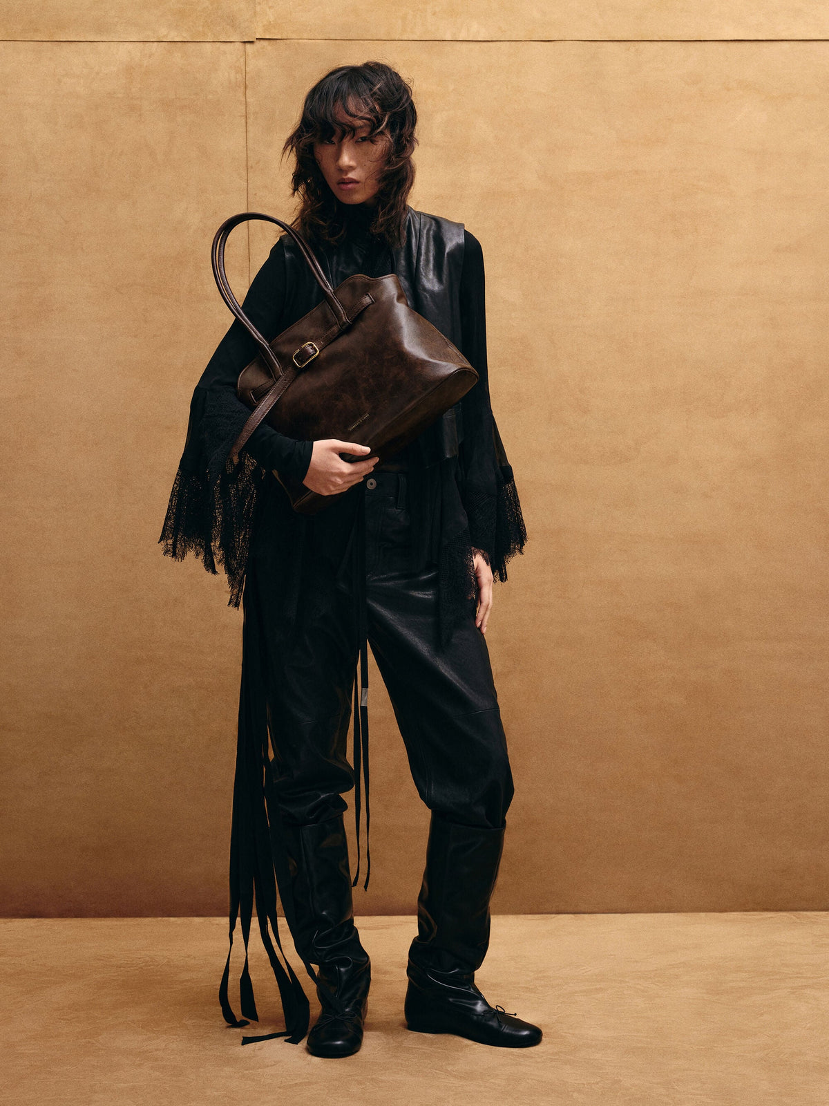 CHARLES & KEITH New / Victoria Belted Tote Bag - Distressed Coffee