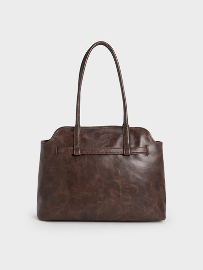 CHARLES & KEITH New / Victoria Belted Tote Bag - Distressed Coffee