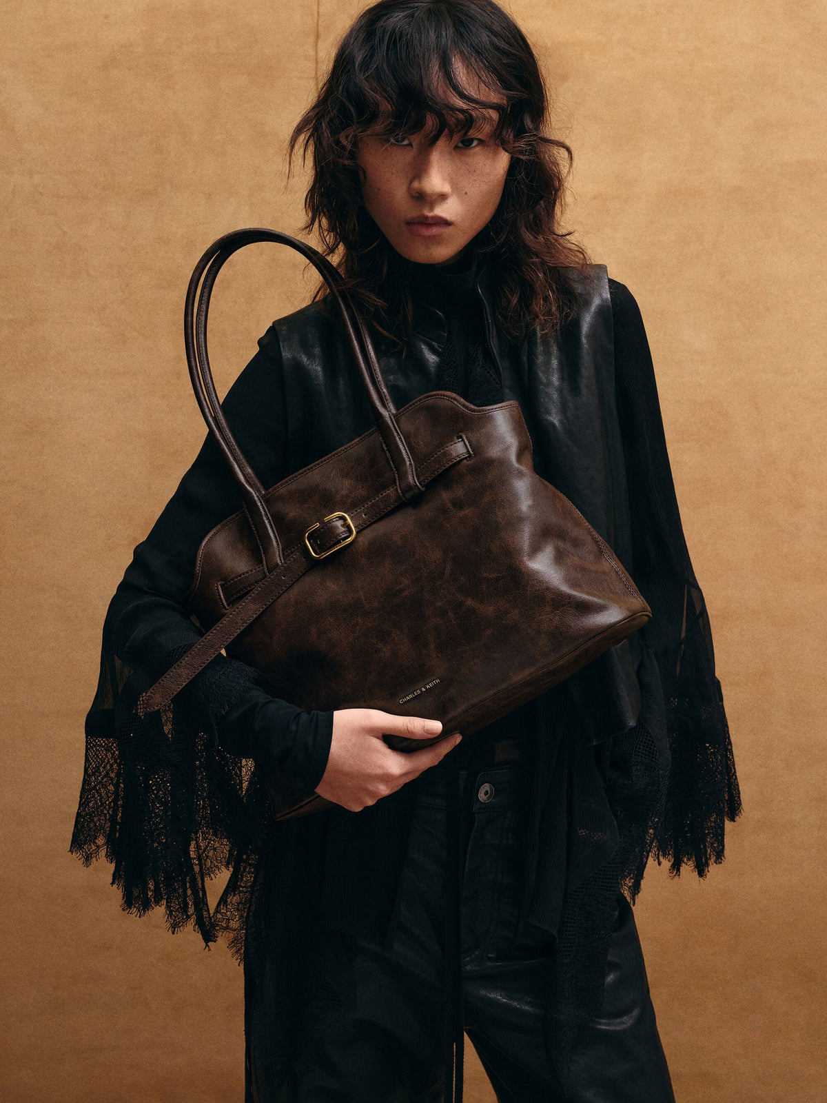 CHARLES & KEITH New / Victoria Belted Tote Bag - Distressed Coffee