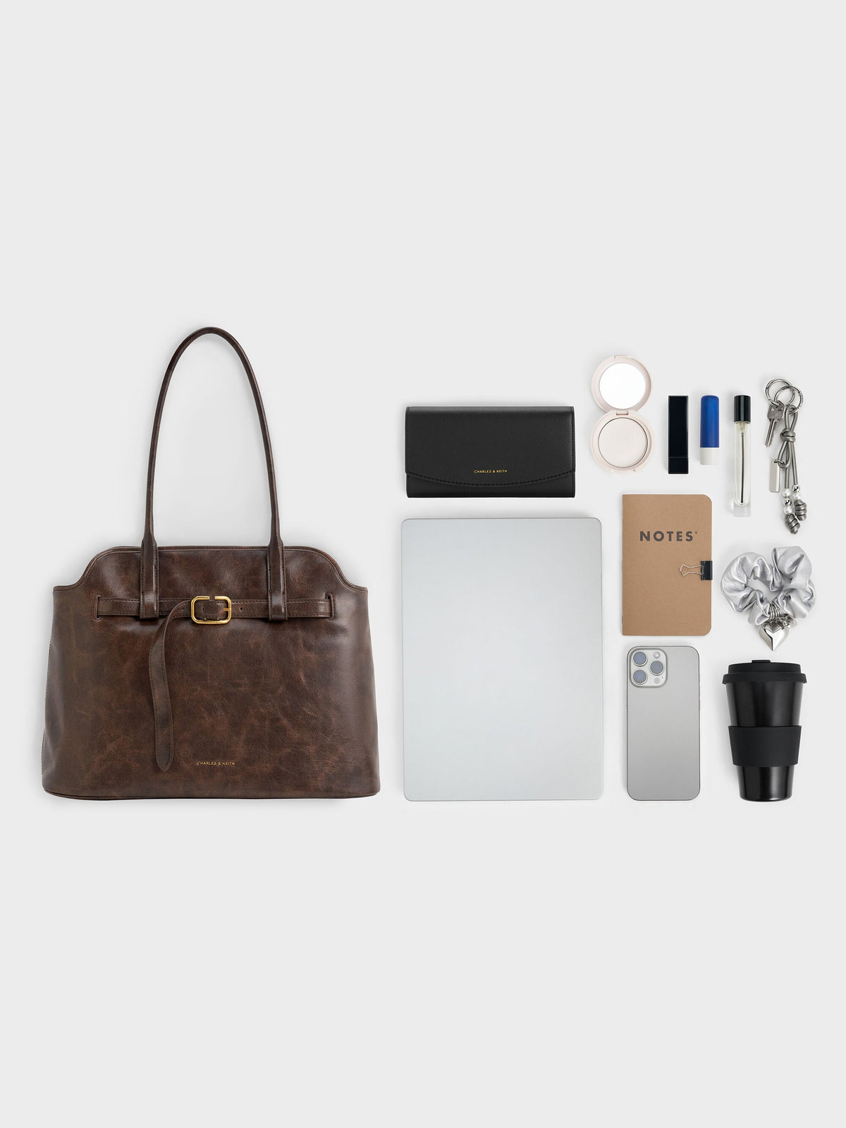 CHARLES & KEITH New / Victoria Belted Tote Bag - Distressed Coffee