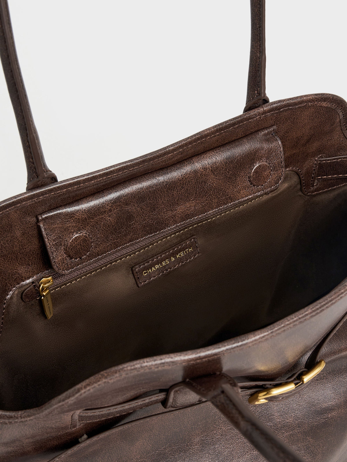 CHARLES & KEITH New / Victoria Belted Tote Bag - Distressed Coffee