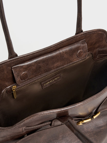 CHARLES & KEITH New / Victoria Belted Tote Bag - Distressed Coffee