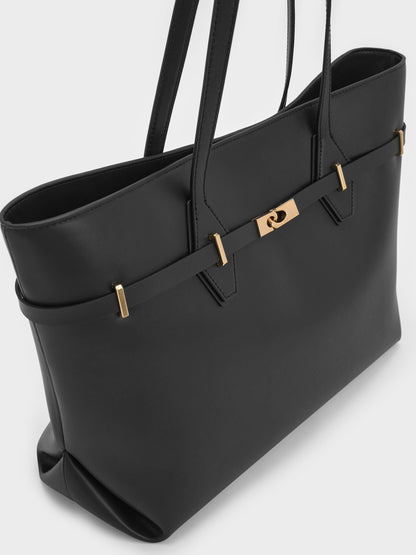 CHARLES & KEITH Great Value / Arlet Double-Handle Belted Tote bag - Black