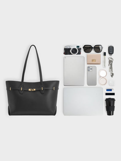 CHARLES & KEITH Great Value / Arlet Double-Handle Belted Tote bag - Black