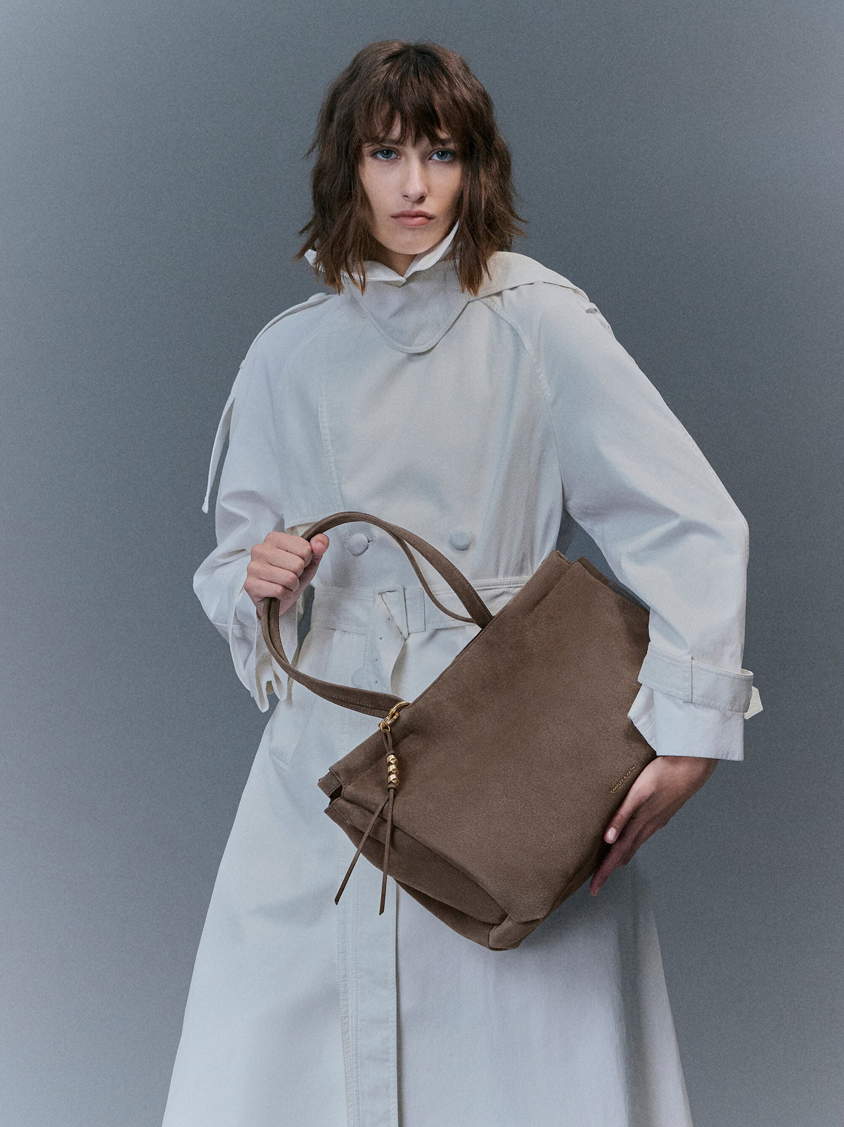 CHARLES & KEITH Deals / XL Zephyr Tassel Tote Bag - Stone Grey