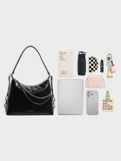 CHARLES & KEITH Classic / Atwood Chain Convertible Hobo Bag - Noir