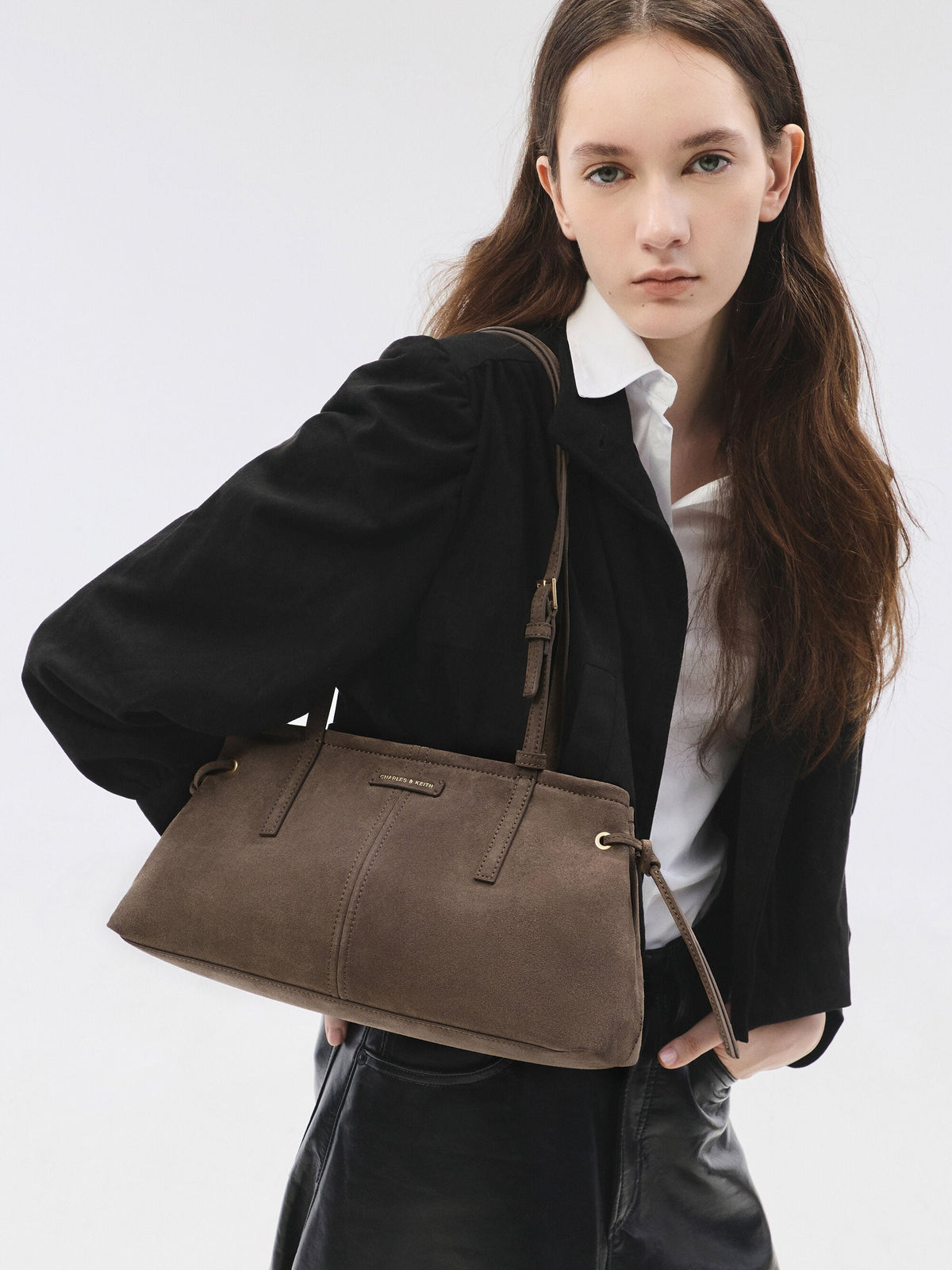 CHARLES & KEITH Top Pick / Noane Elongated-Handle Shoulder Bag - Stone Grey