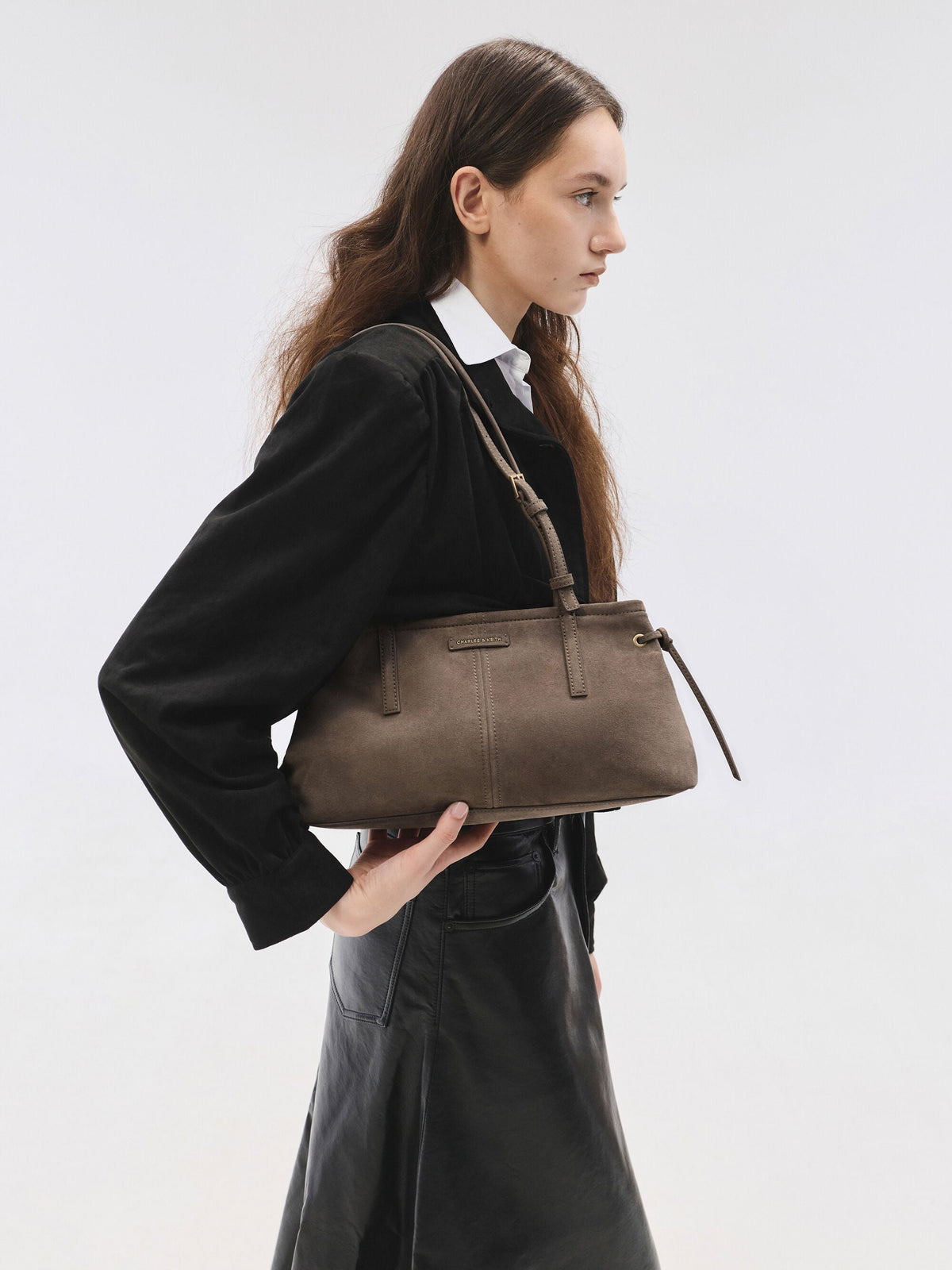 CHARLES & KEITH Top Pick / Noane Elongated-Handle Shoulder Bag - Stone Grey