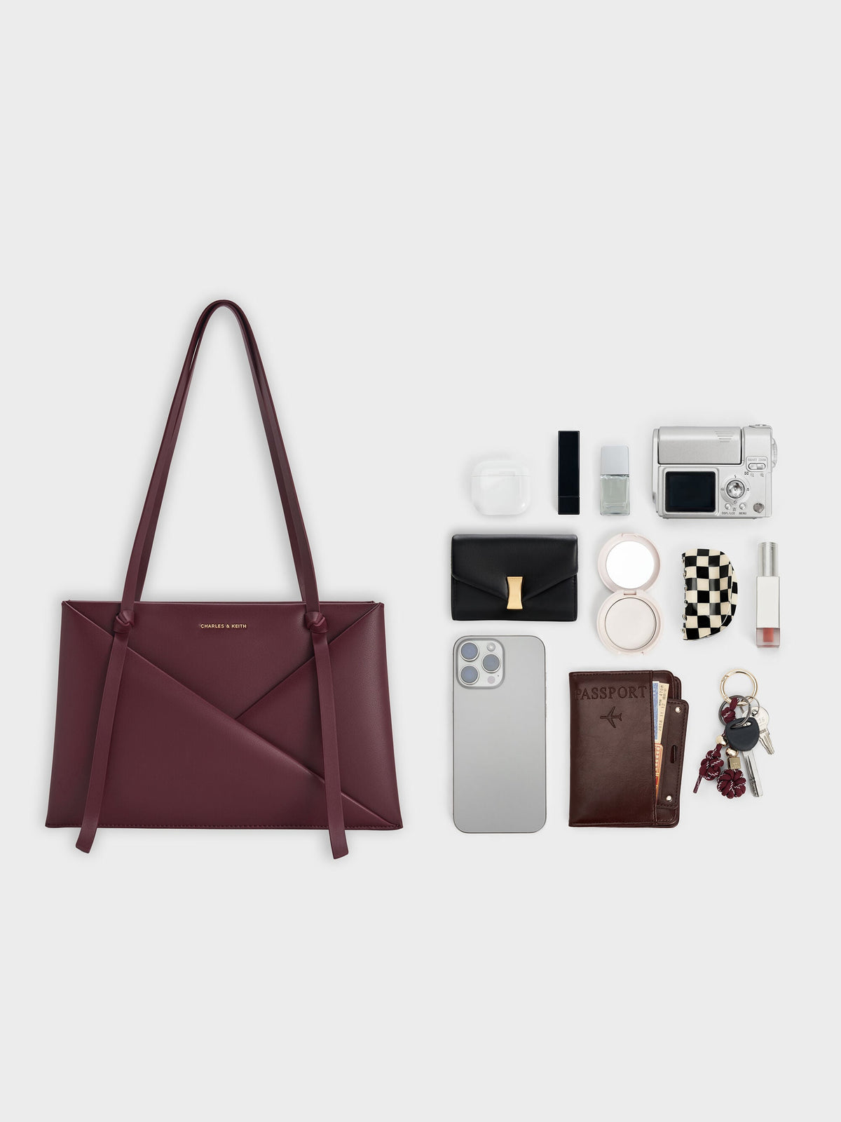CHARLES & KEITH Classic / Midori Geometric Tote Bag - Wineberry Red