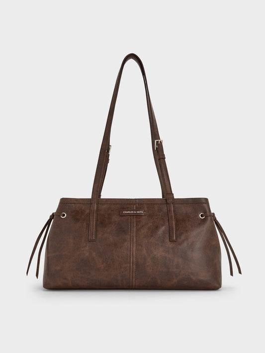 CHARLES & KEITH Premium / Noane Elongated-Handle Shoulder Bag - Distressed Coffee