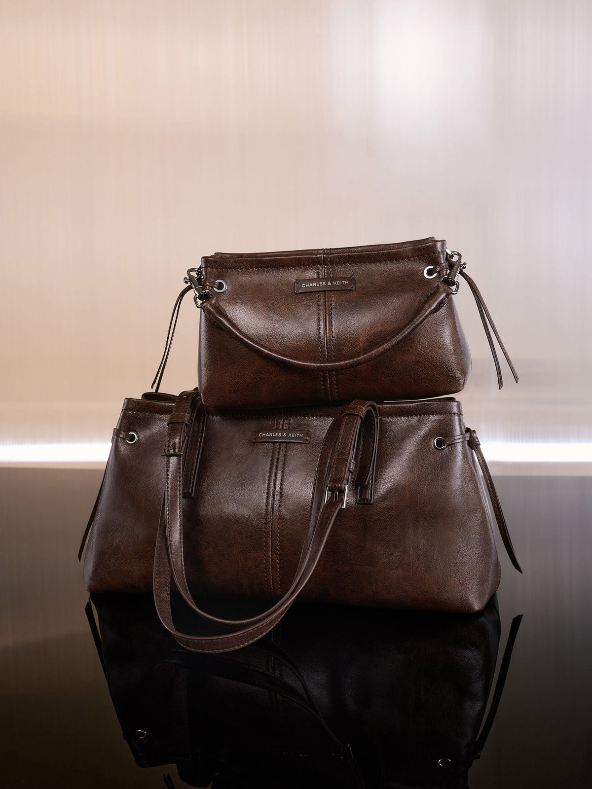 CHARLES & KEITH Premium / Noane Elongated-Handle Shoulder Bag - Distressed Coffee