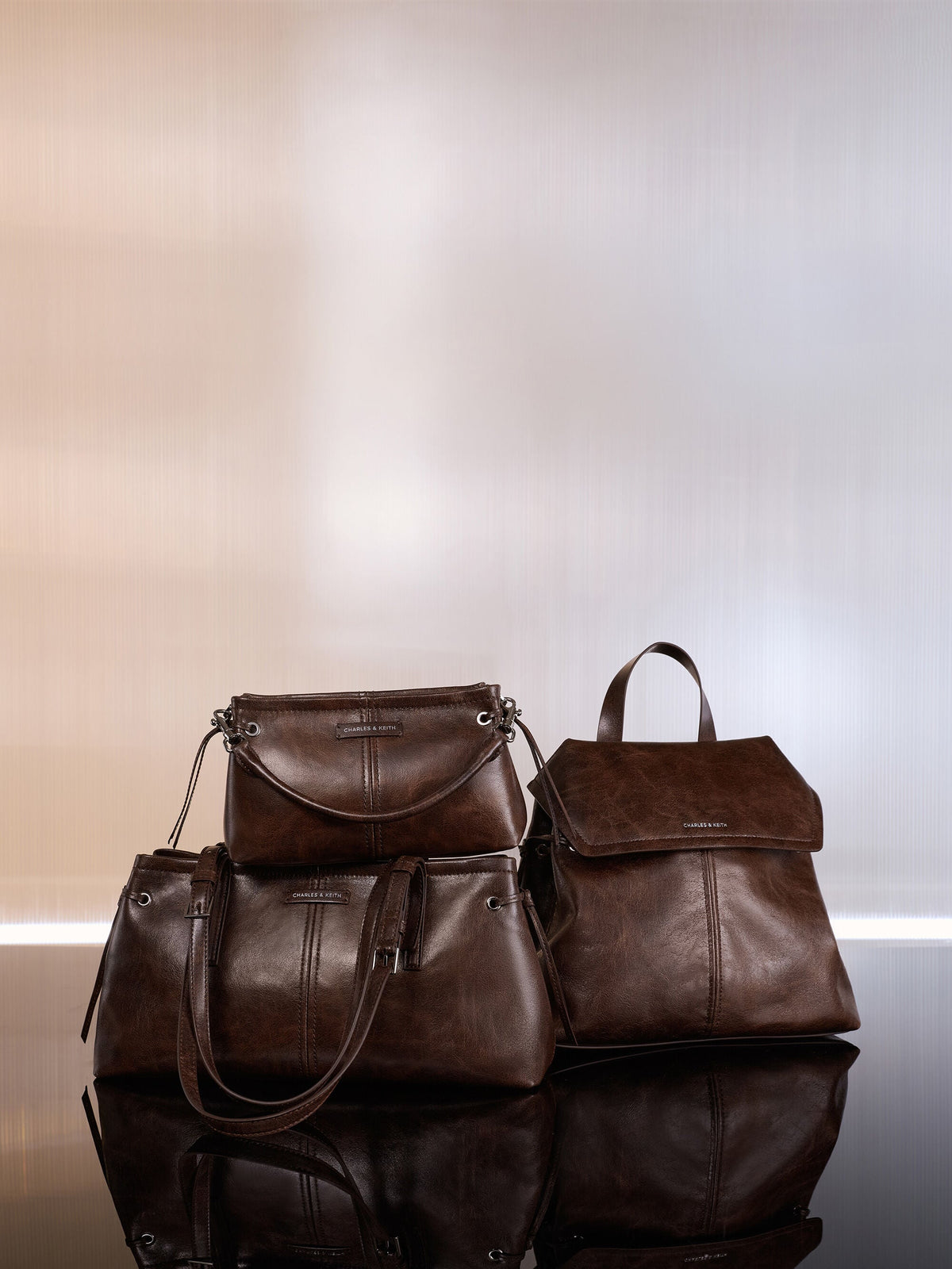 CHARLES & KEITH Premium / Noane Elongated-Handle Shoulder Bag - Distressed Coffee