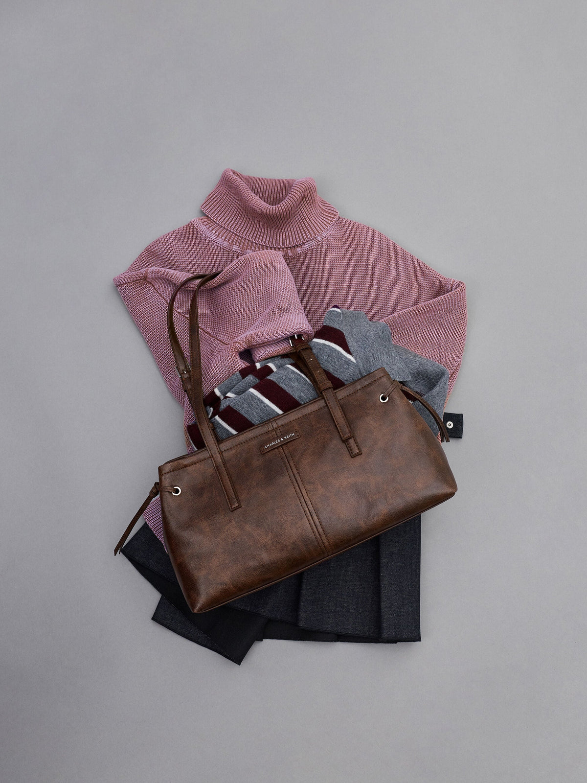 CHARLES & KEITH Premium / Noane Elongated-Handle Shoulder Bag - Distressed Coffee