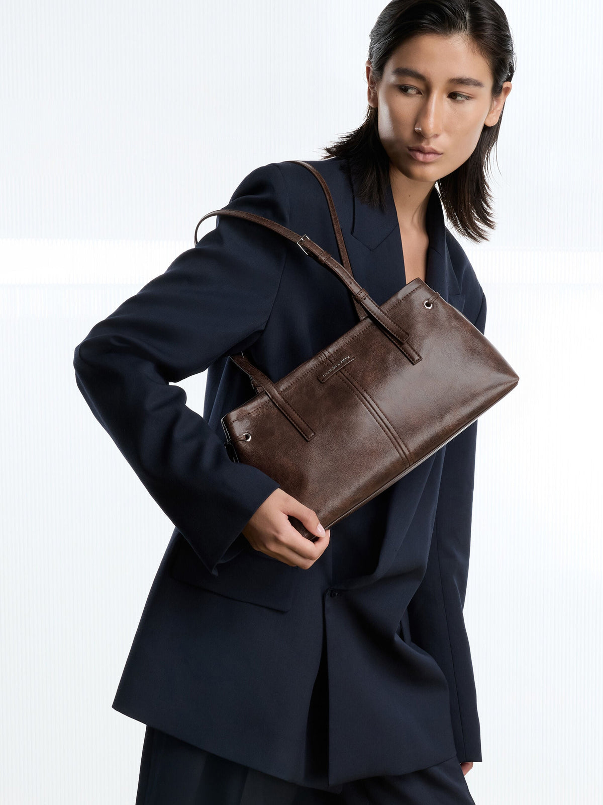 CHARLES & KEITH Premium / Noane Elongated-Handle Shoulder Bag - Distressed Coffee