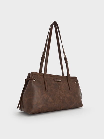 CHARLES & KEITH Premium / Noane Elongated-Handle Shoulder Bag - Distressed Coffee