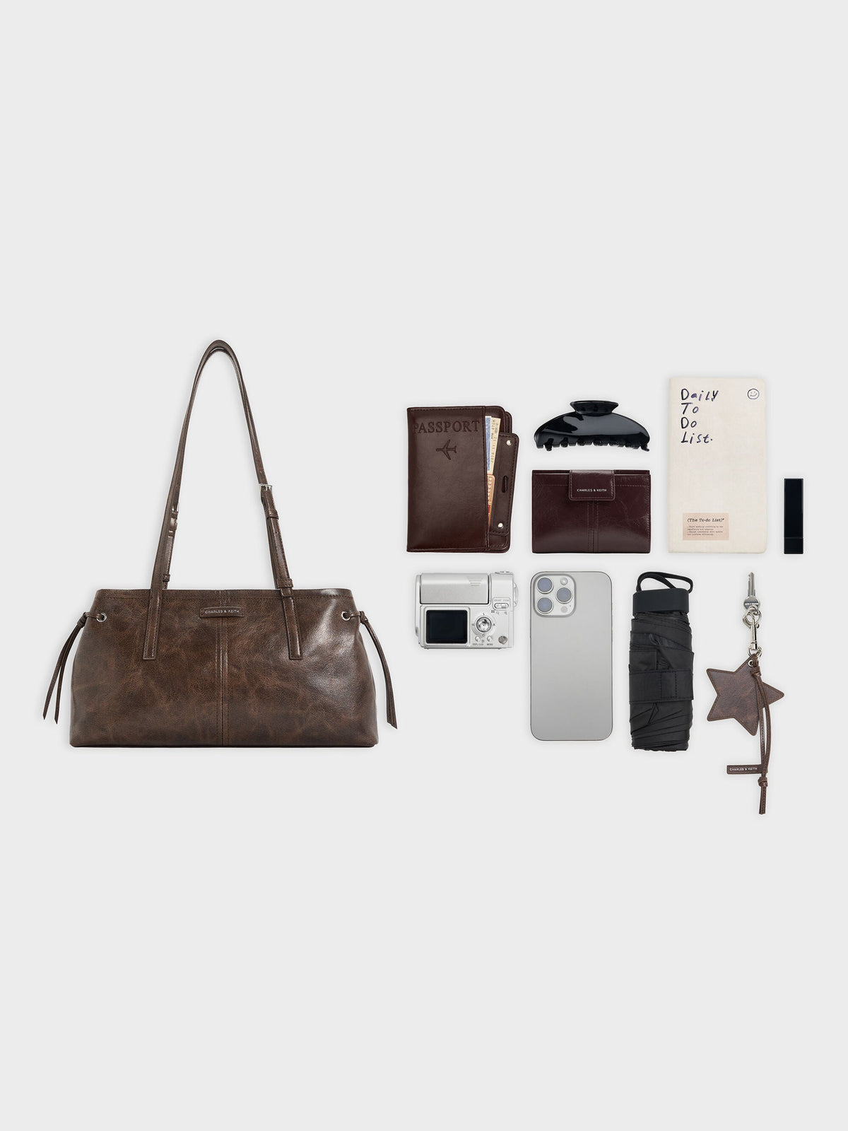 CHARLES & KEITH Premium / Noane Elongated-Handle Shoulder Bag - Distressed Coffee