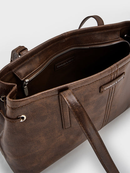 CHARLES & KEITH Premium / Noane Elongated-Handle Shoulder Bag - Distressed Coffee