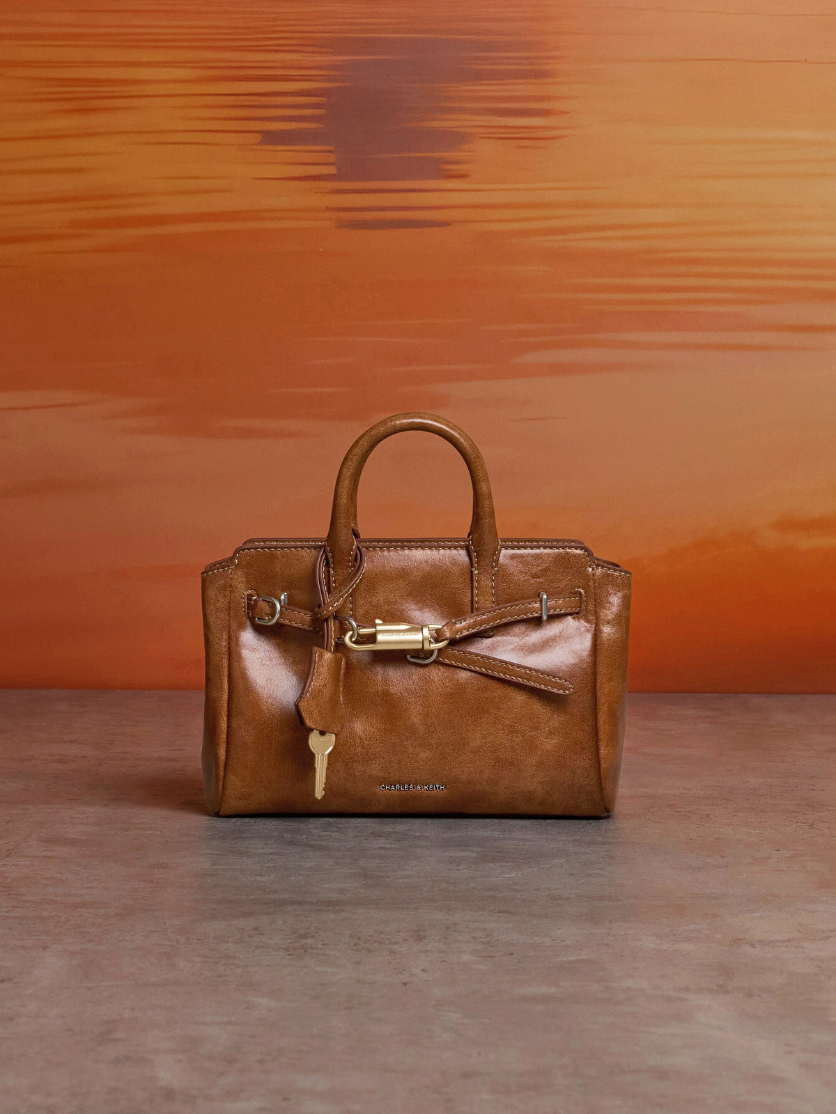 CHARLES & KEITH Premium / Mini Delfina Belted Tote Bag - Distressed Tan