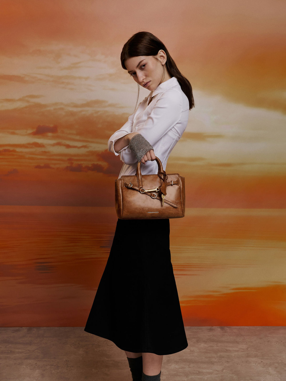 CHARLES & KEITH Premium / Mini Delfina Belted Tote Bag - Distressed Tan