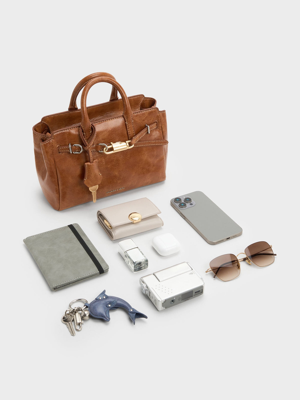 CHARLES & KEITH Premium / Mini Delfina Belted Tote Bag - Distressed Tan