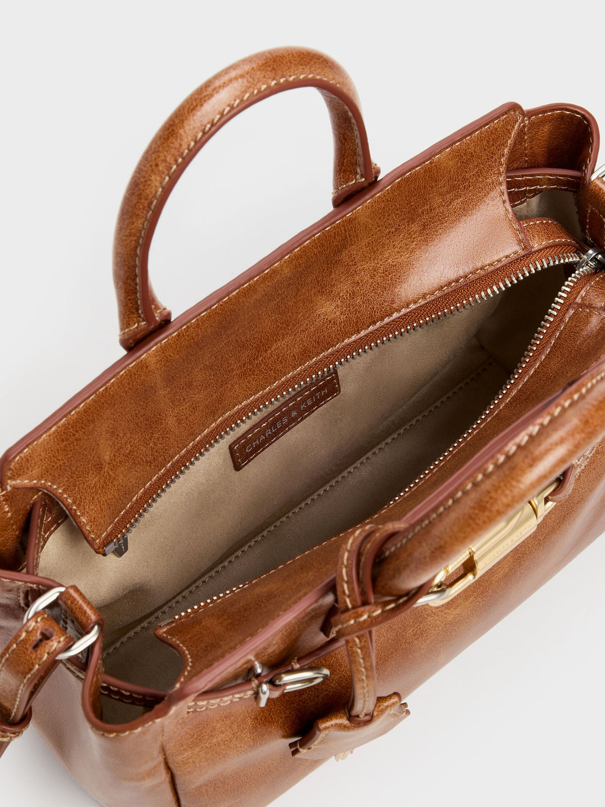 CHARLES & KEITH Premium / Mini Delfina Belted Tote Bag - Distressed Tan