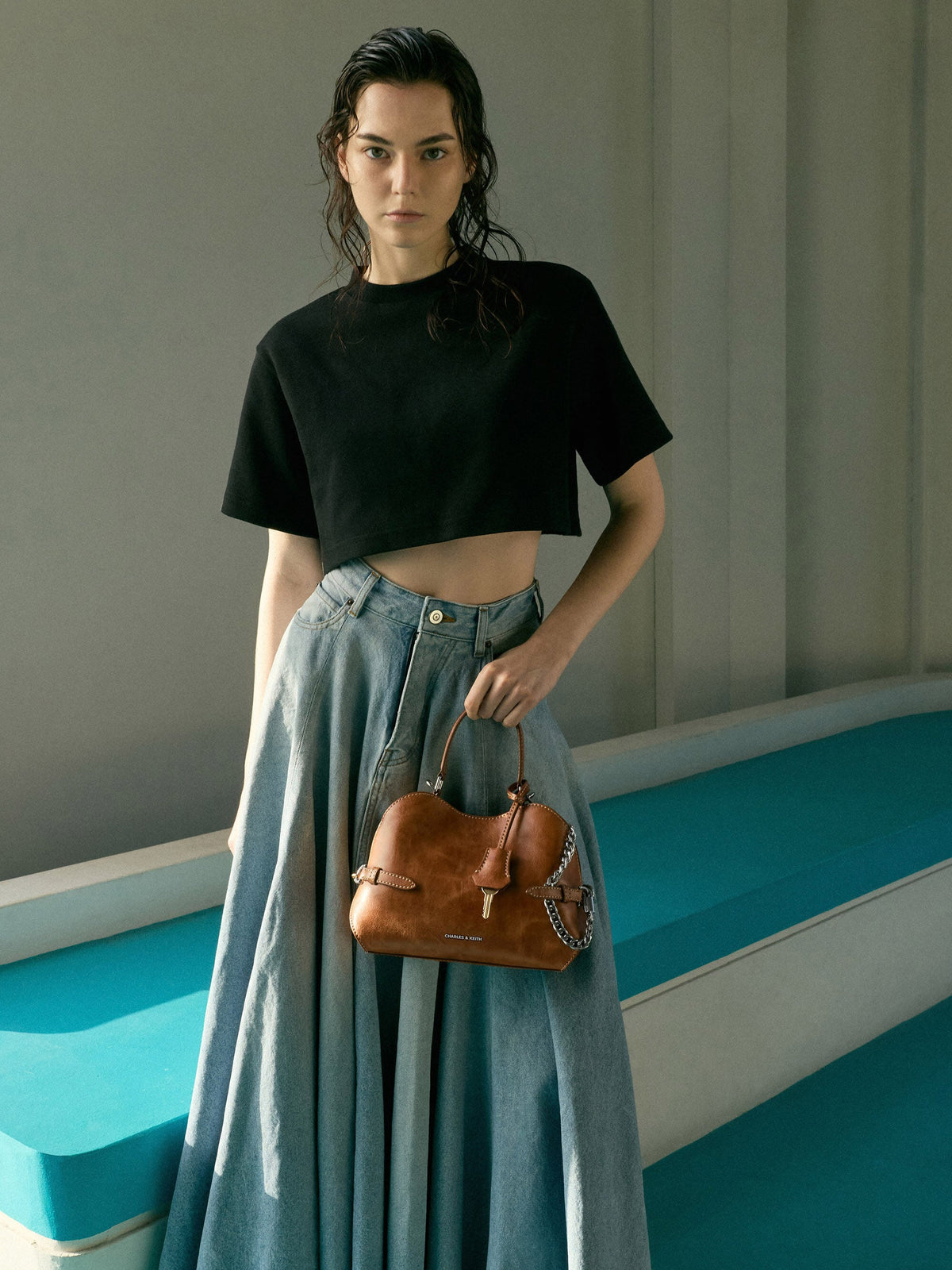 CHARLES & KEITH Quality / Delfina Chain Side-Belt Tote Bag - Distressed Tan