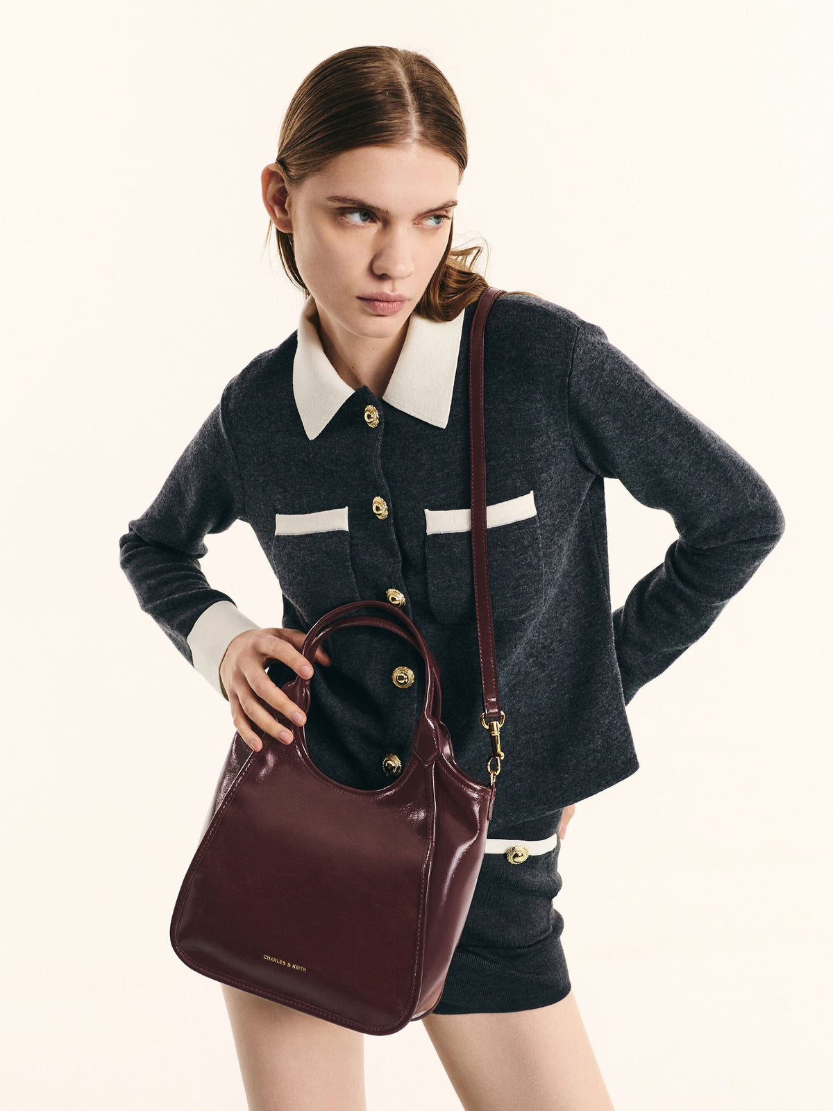 CHARLES & KEITH Hot Sale / Mini Sianna Crinkle-Effect Slouchy Tote Bag - Wineberry Red
