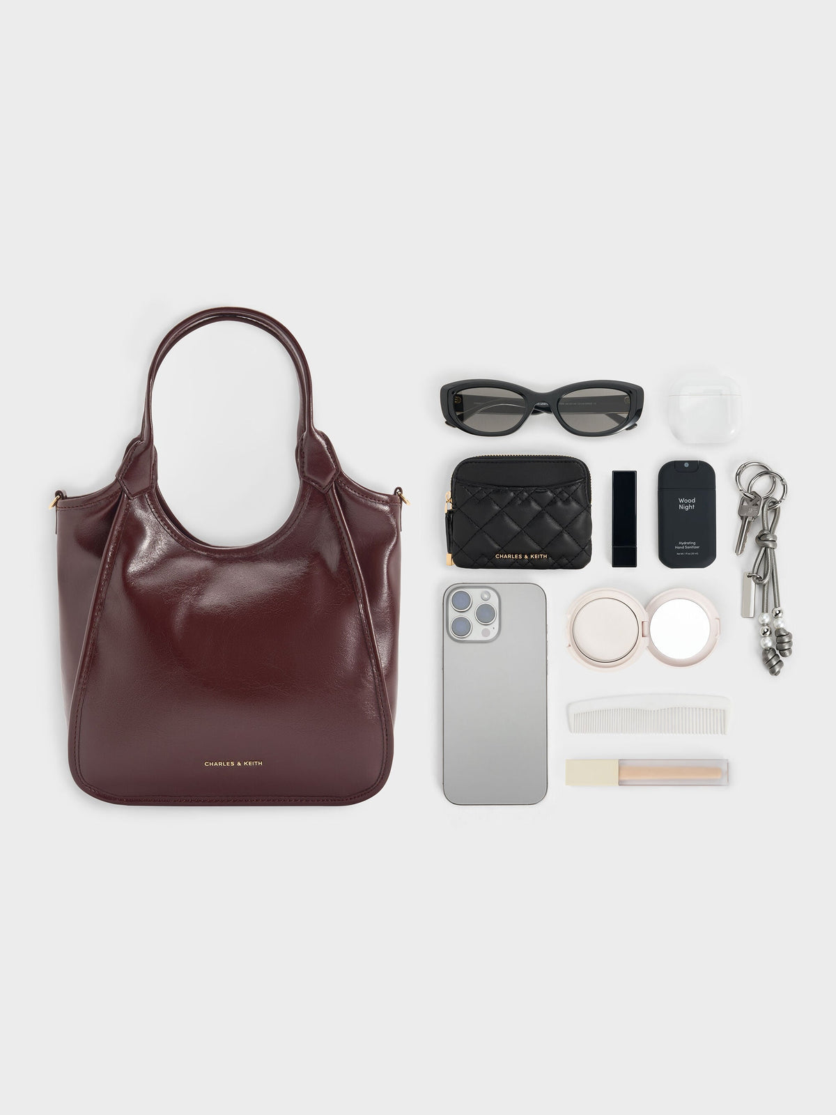 CHARLES & KEITH Hot Sale / Mini Sianna Crinkle-Effect Slouchy Tote Bag - Wineberry Red