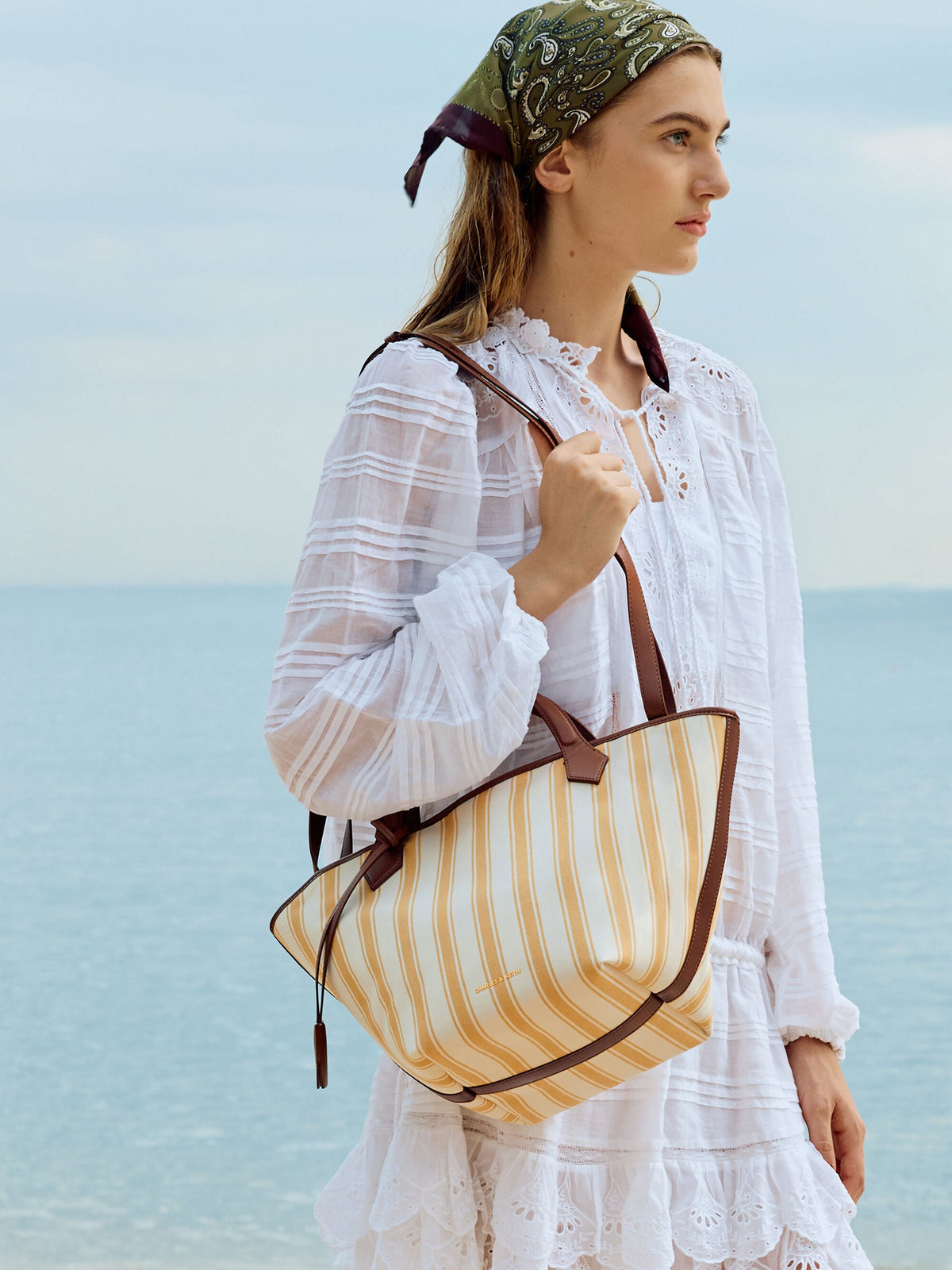 CHARLES & KEITH Latest / Large Ivanna Canvas Striped Tote Bag - Butterscotch Yellow