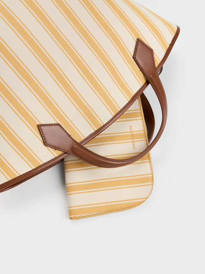 CHARLES & KEITH Latest / Large Ivanna Canvas Striped Tote Bag - Butterscotch Yellow