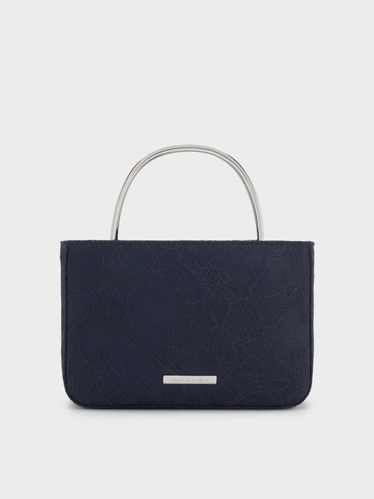 CHARLES & KEITH Customer Favorite / Jennis Lace & Satin Top Handle Bag - Dark Blue Textured