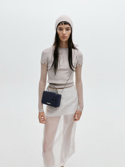 CHARLES & KEITH Customer Favorite / Jennis Lace & Satin Top Handle Bag - Dark Blue Textured