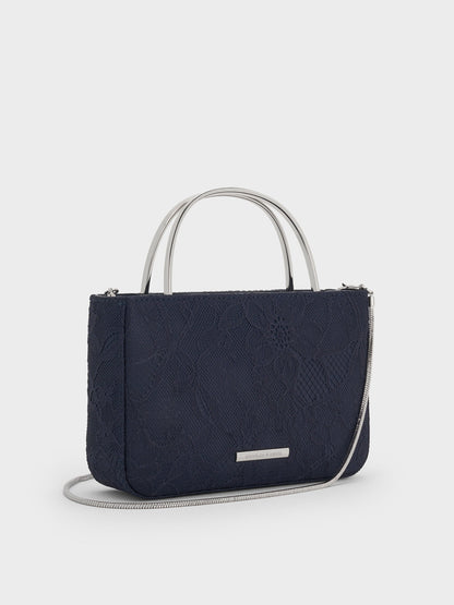 CHARLES & KEITH Customer Favorite / Jennis Lace & Satin Top Handle Bag - Dark Blue Textured
