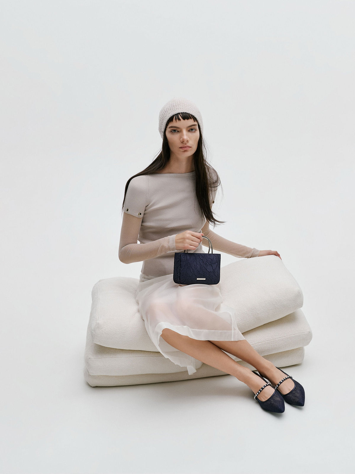 CHARLES & KEITH Customer Favorite / Jennis Lace & Satin Top Handle Bag - Dark Blue Textured