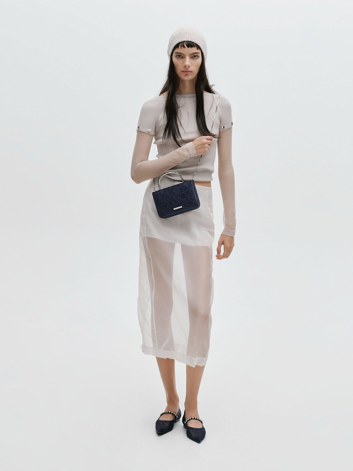 CHARLES & KEITH Customer Favorite / Jennis Lace & Satin Top Handle Bag - Dark Blue Textured